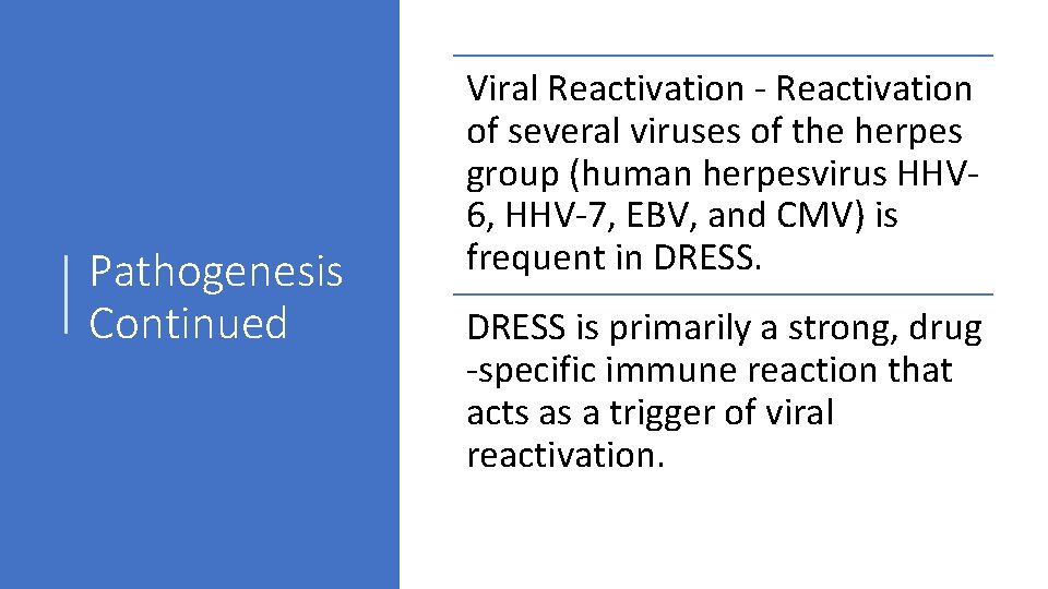 Pathogenesis Continued Viral Reactivation ‐ Reactivation of several viruses of the herpes group (human