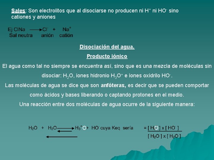 Sales: Son electrolitos que al disociarse no producen ni H+ ni HO- sino cationes