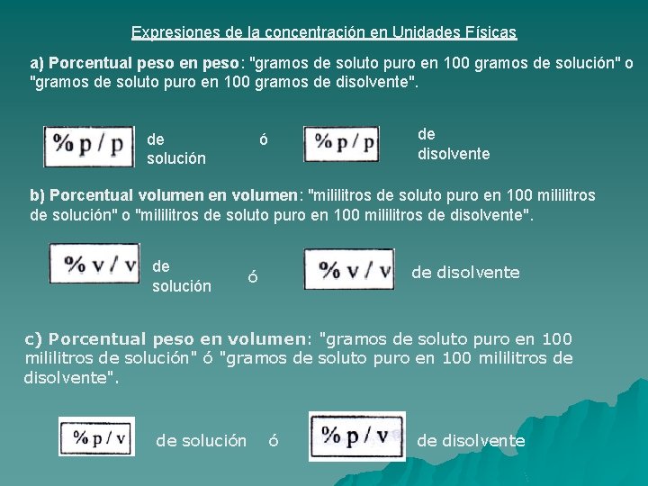 Expresiones de la concentración en Unidades Físicas a) Porcentual peso en peso: "gramos de