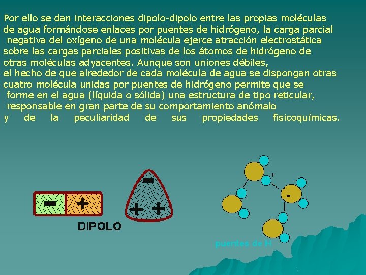 Por ello se dan interacciones dipolo-dipolo entre las propias moléculas de agua formándose enlaces