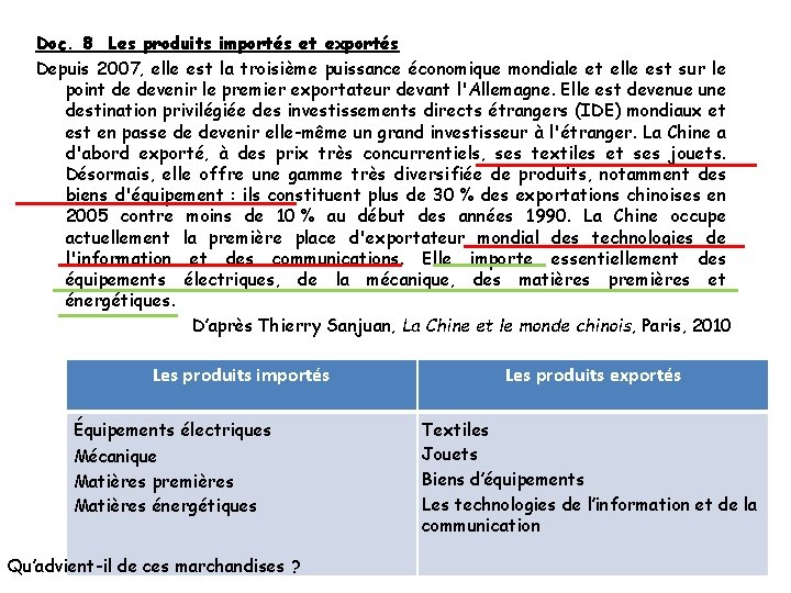 Doc. 8 Les produits importés et exportés Depuis 2007, elle est la troisième puissance