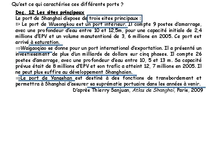 Qu’est ce qui caractérise ces différents ports ? Doc. 12 Les sites principaux Le