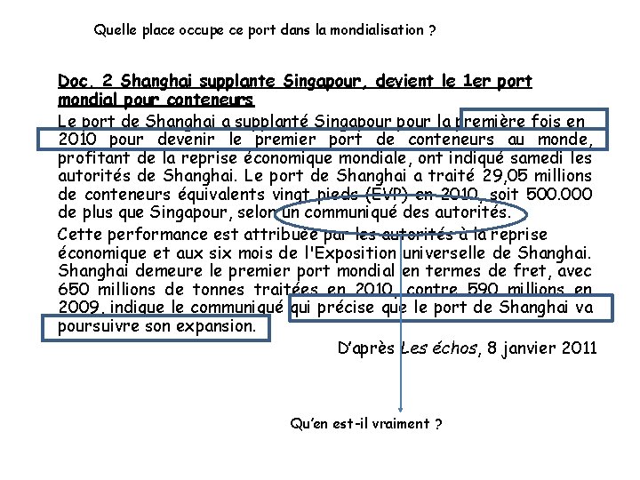 Quelle place occupe ce port dans la mondialisation ? Doc. 2 Shanghai supplante Singapour,