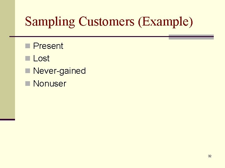 Sampling Customers (Example) n Present n Lost n Never-gained n Nonuser 32 