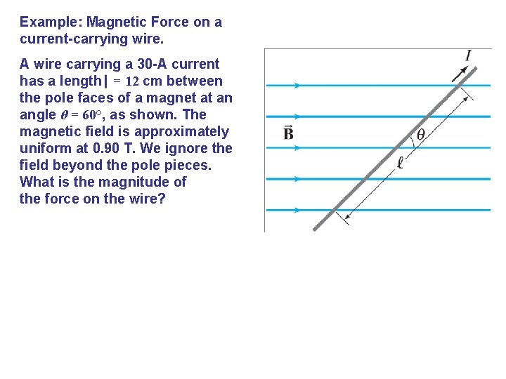 Example: Magnetic Force on a current-carrying wire. A wire carrying a 30 -A current