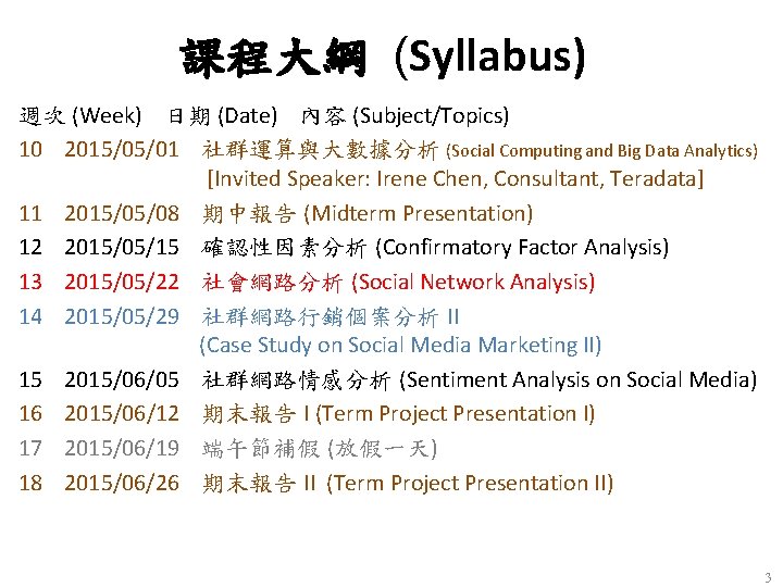 課程大綱 (Syllabus) 週次 (Week) 日期 (Date) 內容 (Subject/Topics) 10 2015/05/01 社群運算與大數據分析 (Social Computing and