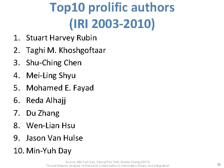 Top 10 prolific authors (IRI 2003 -2010) 1. Stuart Harvey Rubin 2. Taghi M.