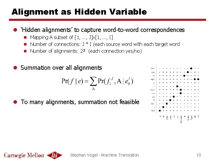 Alignment as Hidden Variable l ‘Hidden alignments’ to capture word-to-word correspondences l Mapping A