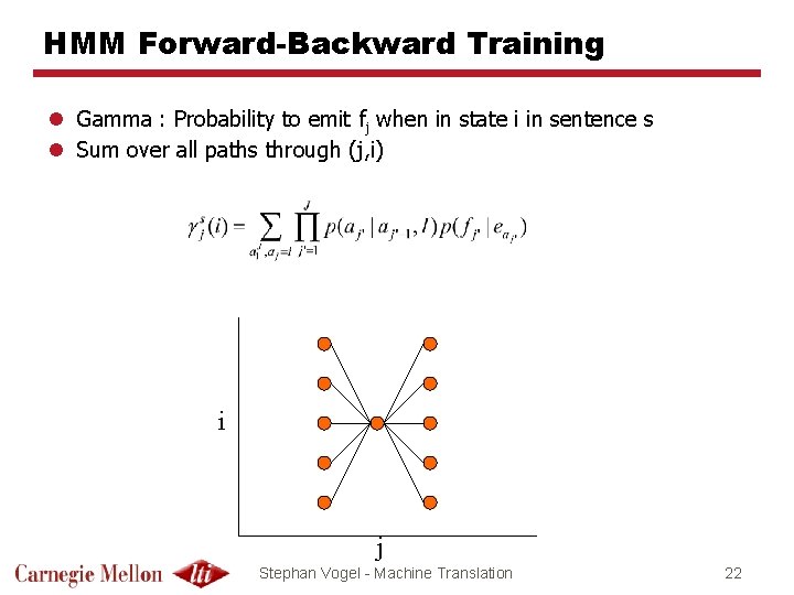 HMM Forward-Backward Training l Gamma : Probability to emit fj when in state i