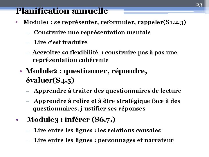 Planification annuelle • Module 1 : se représenter, reformuler, rappeler(S 1. 2. 3) –