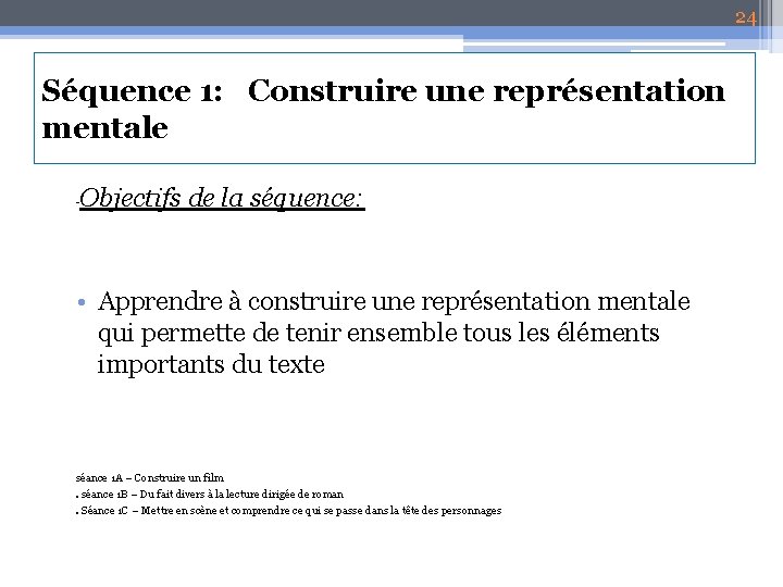 24 Séquence 1: Construire une représentation mentale - Objectifs de la séquence: • Apprendre