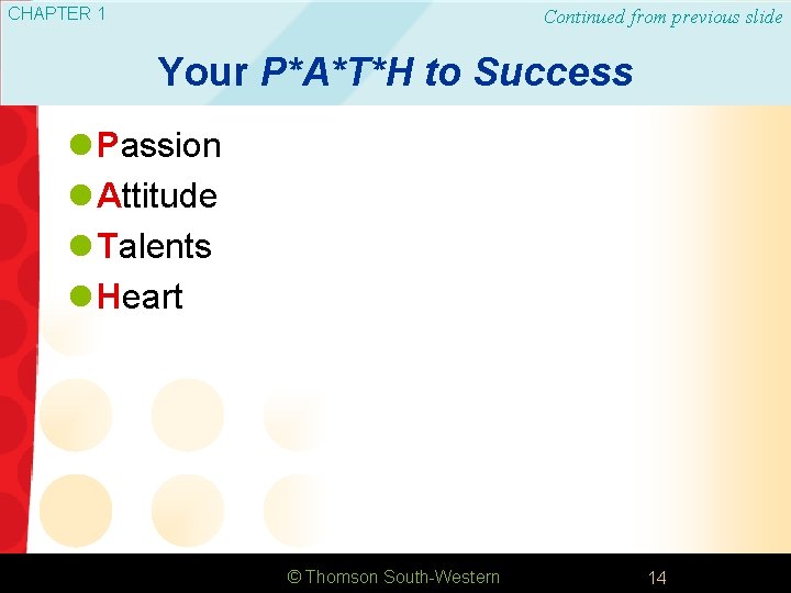 CHAPTER 1 Continued from previous slide Your P*A*T*H to Success l Passion l Attitude