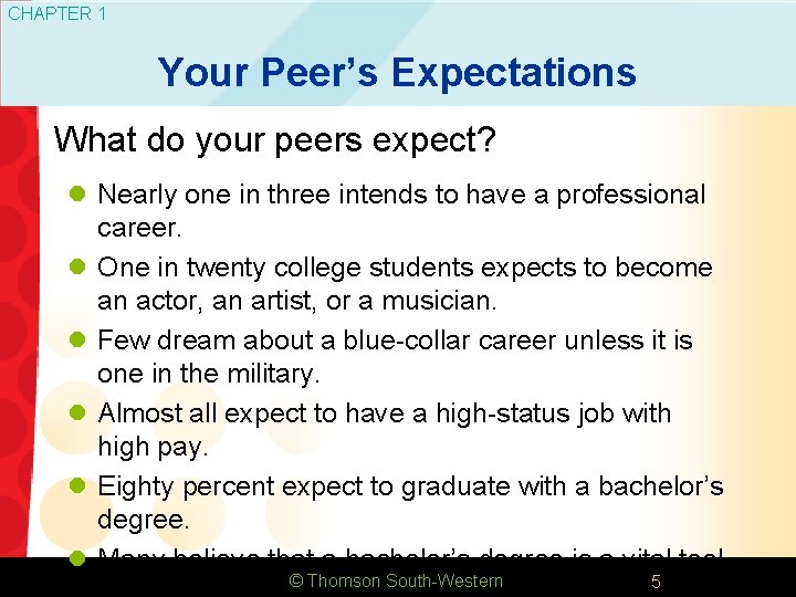 CHAPTER 1 Your Peer’s Expectations What do your peers expect? l Nearly one in