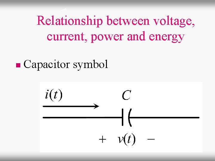 Relationship between voltage, current, power and energy n Capacitor symbol 