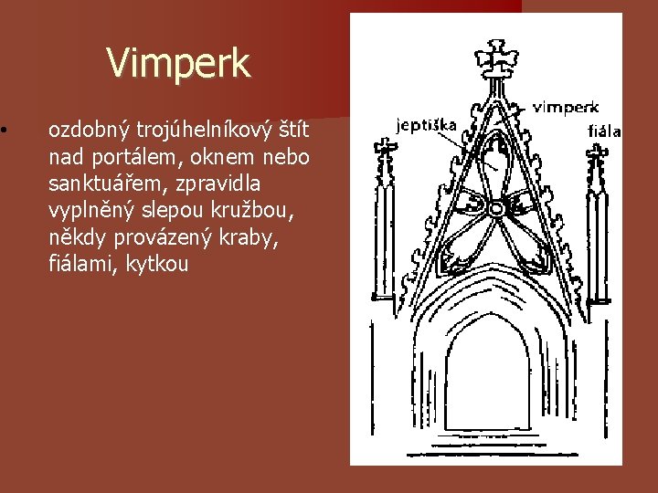 • Vimperk ozdobný trojúhelníkový štít nad portálem, oknem nebo sanktuářem, zpravidla vyplněný slepou • Vimperk ozdobný trojúhelníkový štít nad portálem, oknem nebo sanktuářem, zpravidla vyplněný slepou