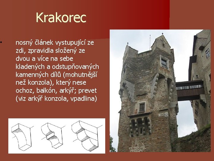 • Krakorec nosný článek vystupující ze zdi, zpravidla složený ze dvou a více • Krakorec nosný článek vystupující ze zdi, zpravidla složený ze dvou a více