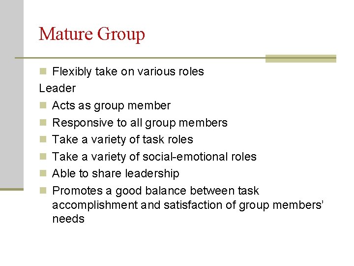 Mature Group n Flexibly take on various roles Leader n Acts as group member