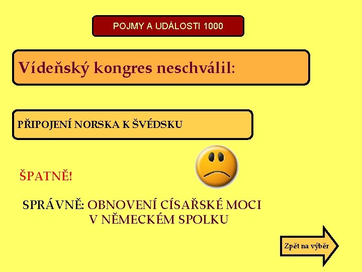 POJMY A UDÁLOSTI 1000 Vídeňský kongres neschválil: PŘIPOJENÍ NORSKA K ŠVÉDSKU ŠPATNĚ! SPRÁVNĚ: OBNOVENÍ