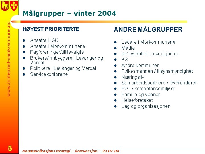 www. innherred-samkommune. no Målgrupper – vinter 2004 HØYEST PRIORITERTE l l l Ansatte i