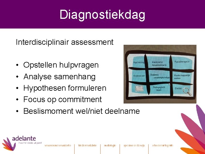 Diagnostiekdag Interdisciplinair assessment • • • Opstellen hulpvragen Analyse samenhang Hypothesen formuleren Focus op
