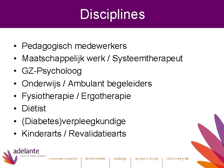 Disciplines • • Pedagogisch medewerkers Maatschappelijk werk / Systeemtherapeut GZ-Psycholoog Onderwijs / Ambulant begeleiders