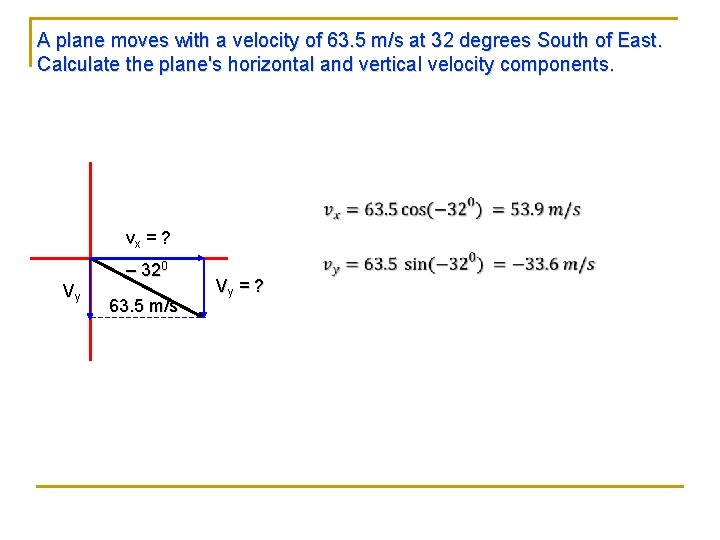 A plane moves with a velocity of 63. 5 m/s at 32 degrees South