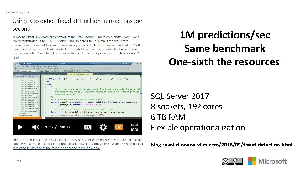 1 M predictions/sec Same benchmark One-sixth the resources SQL Server 2017 8 sockets, 192