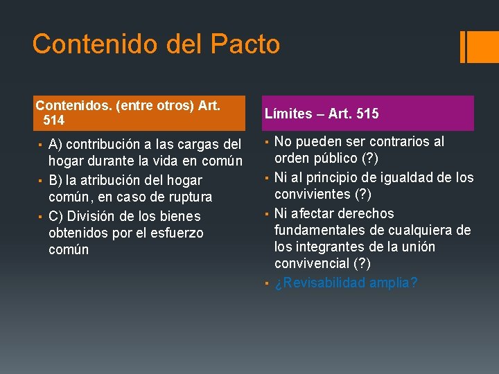 Contenido del Pacto Contenidos. (entre otros) Art. 514 ▪ A) contribución a las cargas