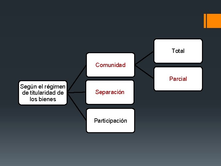Total Comunidad Parcial Según el régimen de titularidad de los bienes Separación Participación 