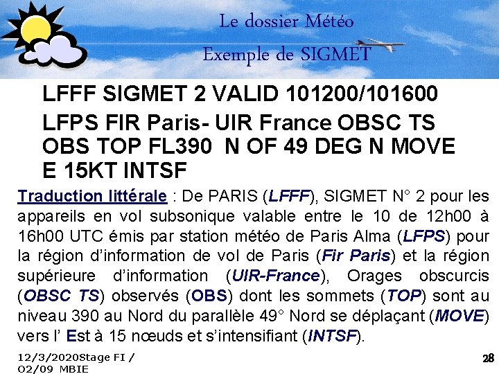 Le dossier Météo Exemple de SIGMET LFFF SIGMET 2 VALID 101200/101600 LFPS FIR Paris-