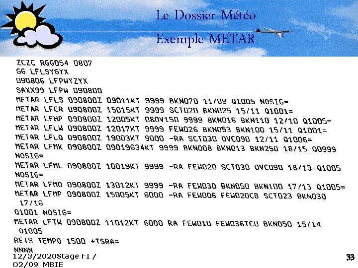Le Dossier Météo Exemple METAR 12/3/2020 Stage FI / O 2/09 MBIE 33 