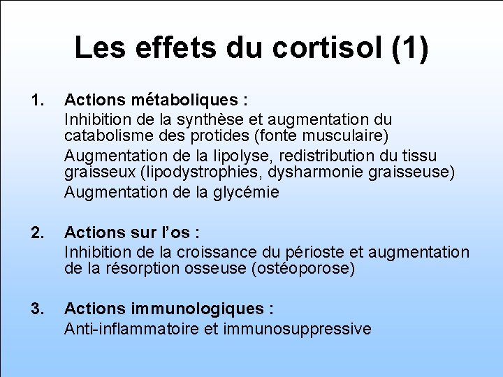 Les effets du cortisol (1) 1. Actions métaboliques : Inhibition de la synthèse et