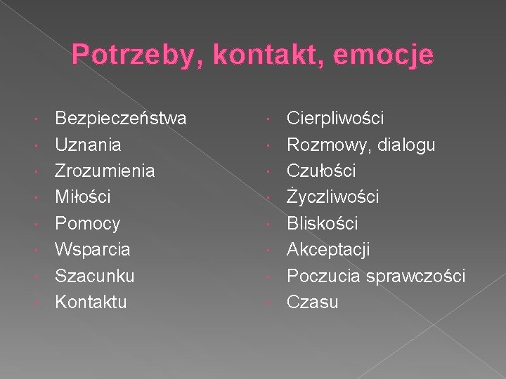 Potrzeby, kontakt, emocje Bezpieczeństwa Uznania Zrozumienia Miłości Pomocy Wsparcia Szacunku Kontaktu Cierpliwości Rozmowy, dialogu