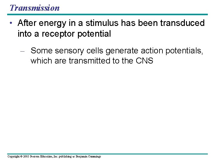 Transmission • After energy in a stimulus has been transduced into a receptor potential