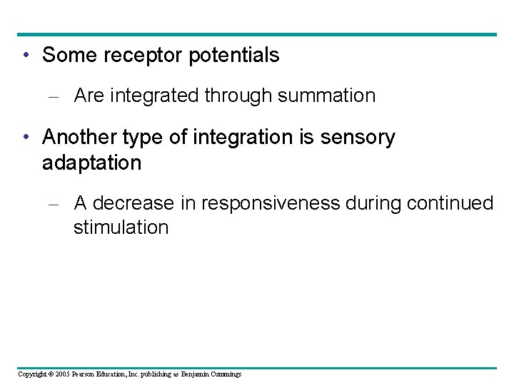  • Some receptor potentials – Are integrated through summation • Another type of