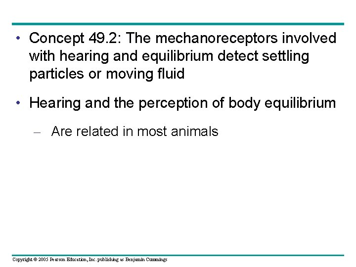  • Concept 49. 2: The mechanoreceptors involved with hearing and equilibrium detect settling