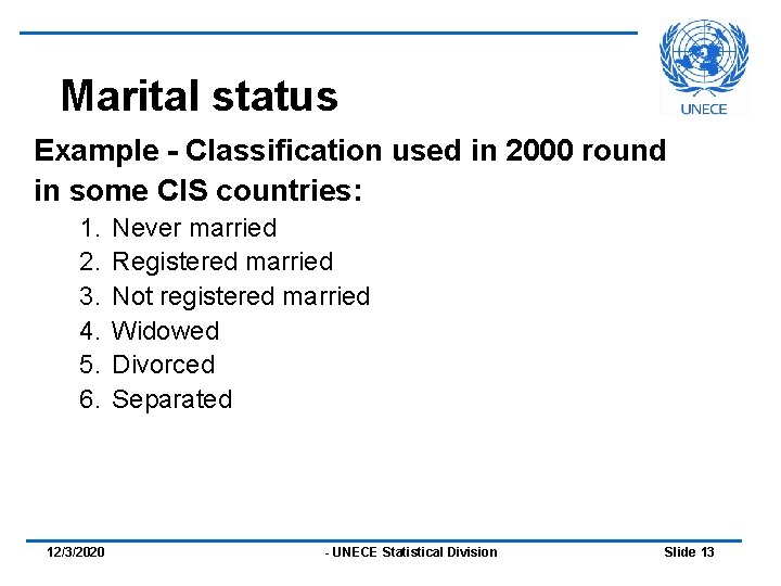 Marital status Example - Classification used in 2000 round in some CIS countries: 1.