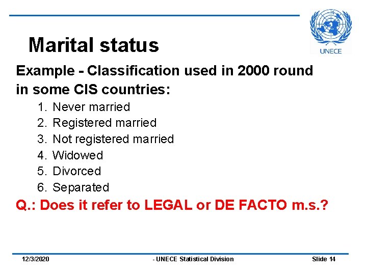 Marital status Example - Classification used in 2000 round in some CIS countries: 1.