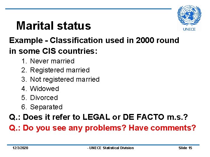 Marital status Example - Classification used in 2000 round in some CIS countries: 1.
