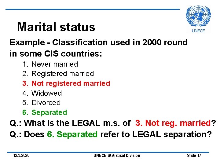 Marital status Example - Classification used in 2000 round in some CIS countries: 1.