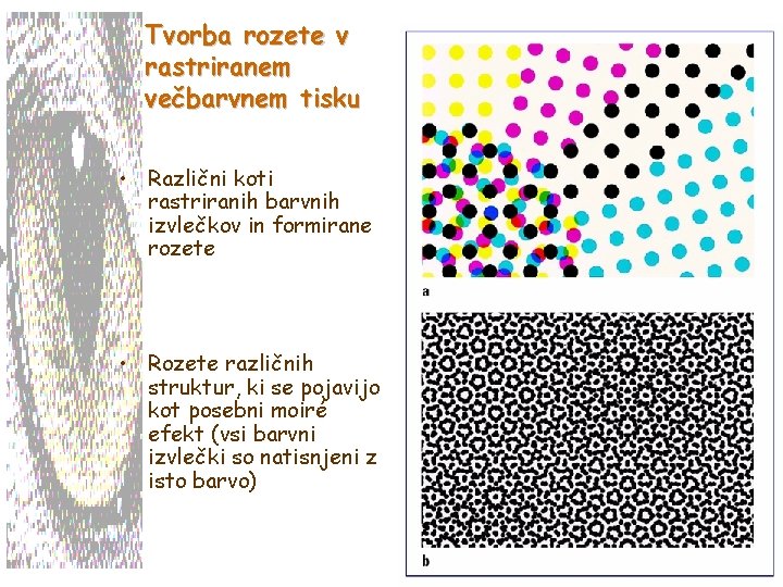 Tvorba rozete v rastriranem večbarvnem tisku • Različni koti rastriranih barvnih izvlečkov in formirane