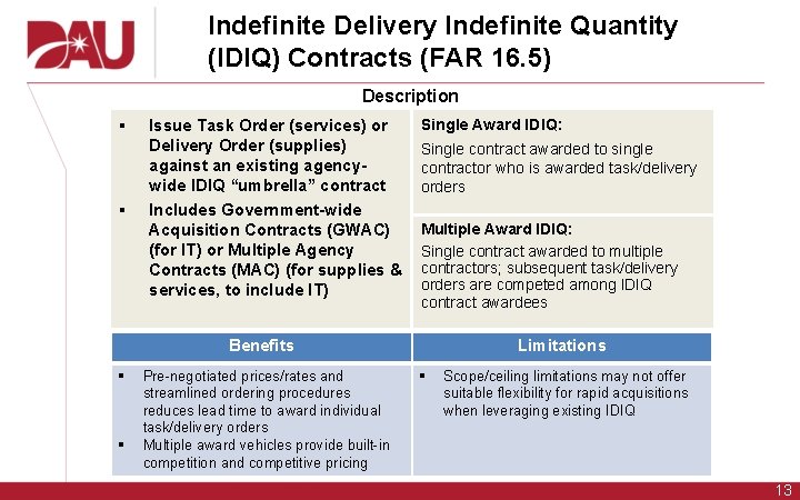 Indefinite Delivery Indefinite Quantity (IDIQ) Contracts (FAR 16. 5) Description § § Issue Task