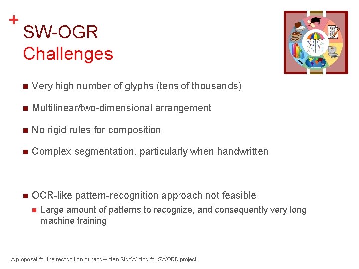 + SW-OGR Challenges n Very high number of glyphs (tens of thousands) n Multilinear/two-dimensional