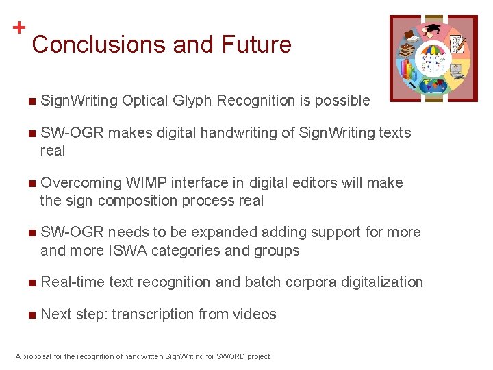 + Conclusions and Future n Sign. Writing Optical Glyph Recognition is possible n SW-OGR