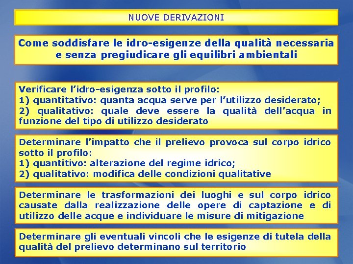 NUOVE DERIVAZIONI Come soddisfare le idro-esigenze della qualità necessaria e senza pregiudicare gli equilibri