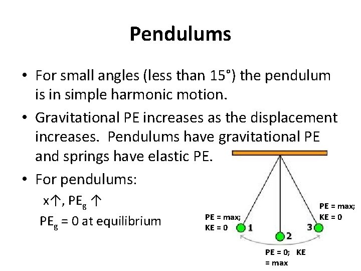 Pendulums • For small angles (less than 15°) the pendulum is in simple harmonic