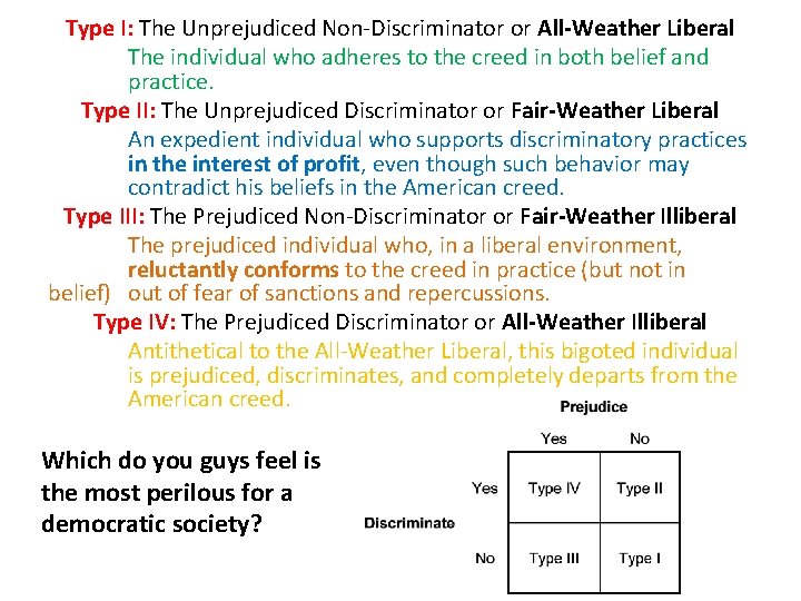 Type I: The Unprejudiced Non-Discriminator or All-Weather Liberal The individual who adheres to the