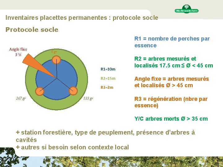 Inventaires placettes permanentes : protocole socle Protocole socle Angle fixe 3% R 1 =