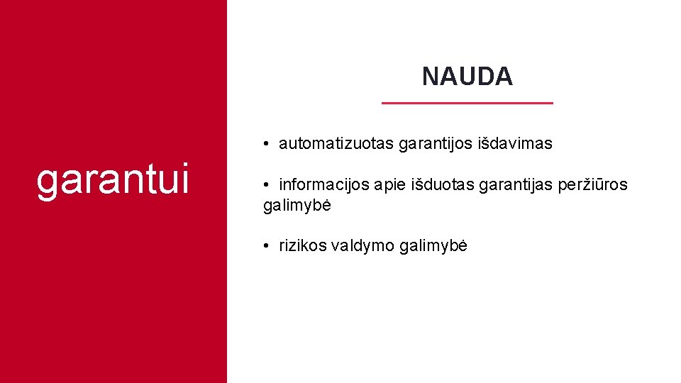 NAUDA • automatizuotas garantijos išdavimas garantui • informacijos apie išduotas garantijas peržiūros galimybė •
