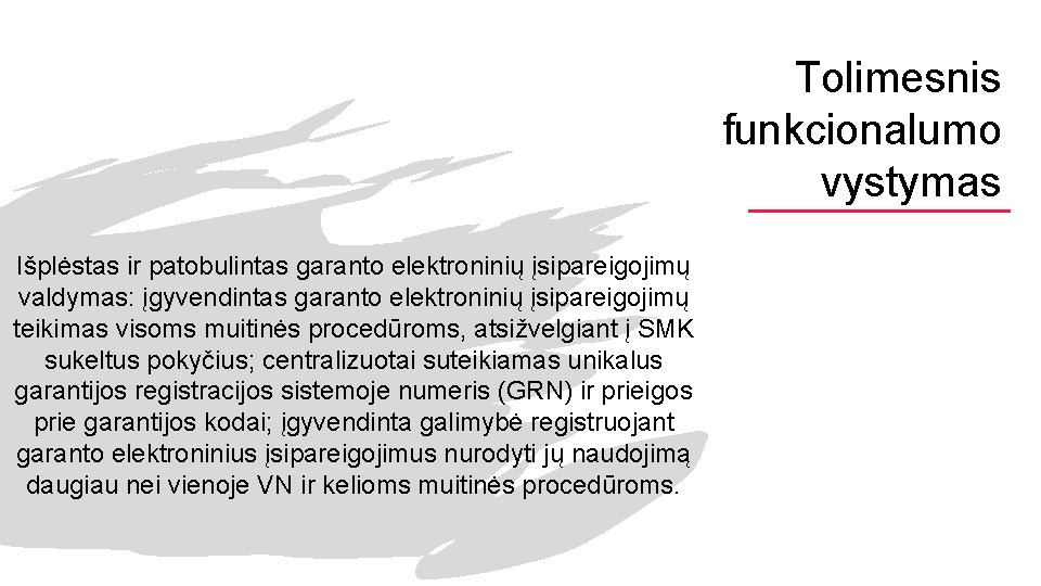 Tolimesnis funkcionalumo vystymas Išplėstas ir patobulintas garanto elektroninių įsipareigojimų valdymas: įgyvendintas garanto elektroninių įsipareigojimų